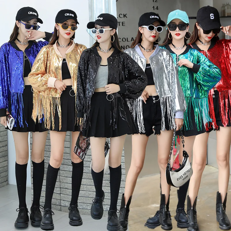 Shiny Tassel Jacket Women's Short Stage Clothing Bling Trendy Spring Autumn Polyester Fabric Flashing Top Ladies' Coat