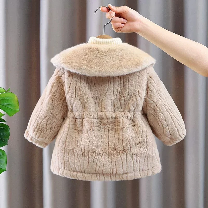 1-5 Years Girls Fashion Fur Collar Cotton Jacket Autumn Winter Sweet Bow‑knot Plush Coat Kids Casual Thick Warm Outerwear