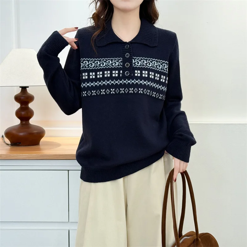 

XXXXL модная женская одежда больших размеров, свитер в стиле тенерифе, жаккардовый вязаный пуловер с лацканами, осень/зима 20%, 9986