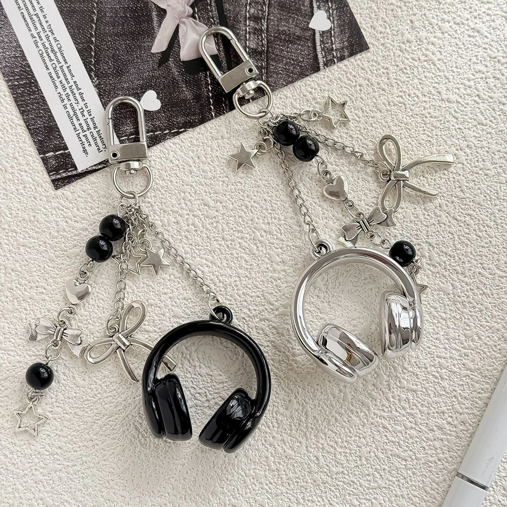 headphone keychain bow star charm bag hanging ornament car key ring backpack pendant phone bag accessory festival gift for girls