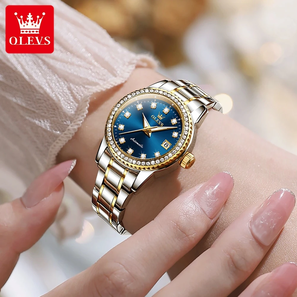 OLEVS Women\'s Watches Fashion Original Automatic Mechanical Watch for Ladies Sparkling Diamond Dial Waterproof Luminous Date