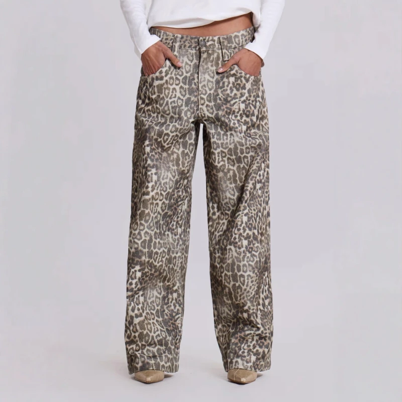 Leopard Print Loose Wide Leg Low Waist Jeans for Women's Casual Street Pants