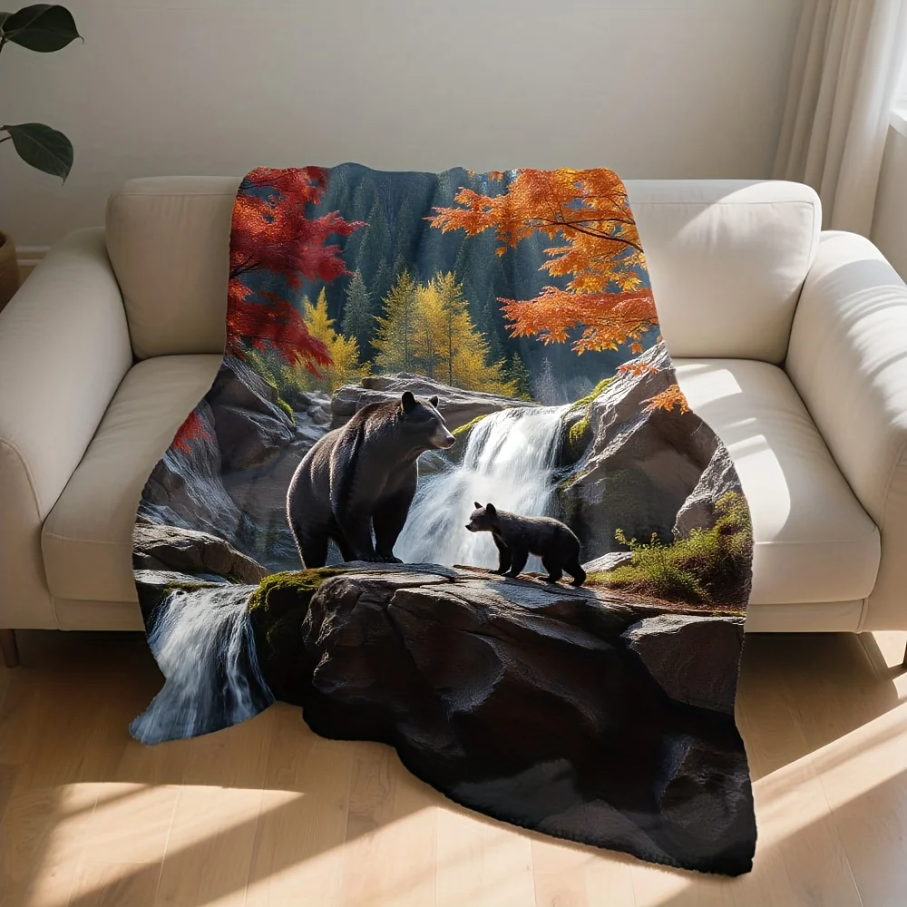 Autumn Bears Family Waterfall Print Blanket Cozy Fall Wildlife Forest Throw Decor
