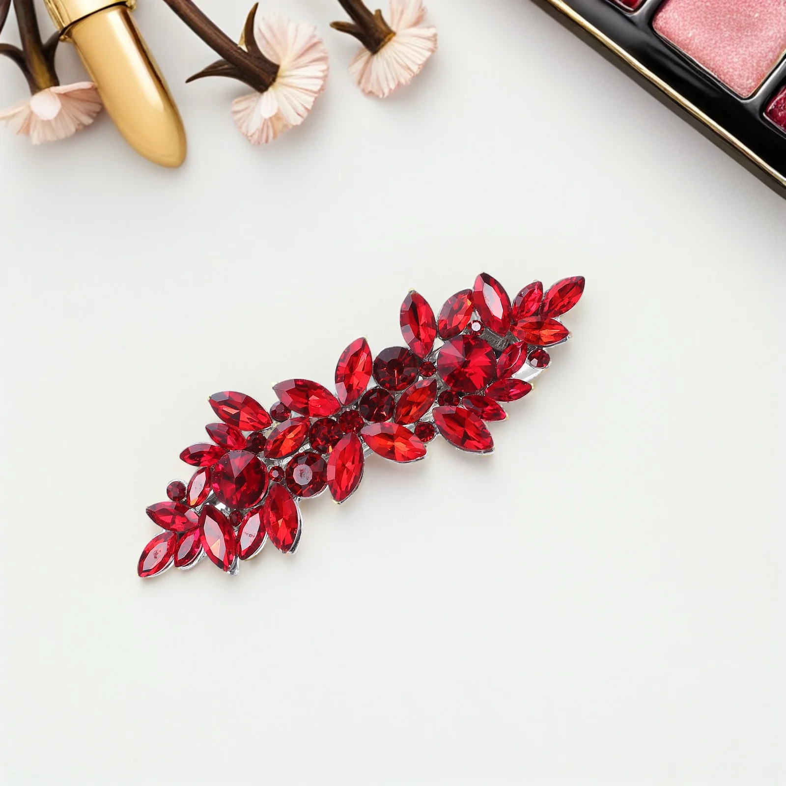 دبابيس شعر على شكل زهرة من حجر الراين الأحمر، أغطية رأس للعروس ووصيفة العروس وحفلات الزفاف، شعر كريستالي أنيق #3