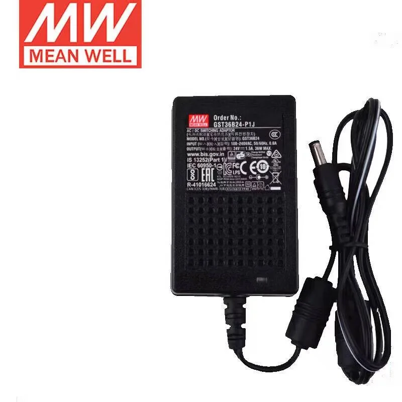 

TAIWAN MEAN WELL GST36B24-P1J +24V1.5A;16AWG 100cm;2.1*5.5*11mm 36W AC-DC Reliable Green Industrial Adaptor Brand New Original