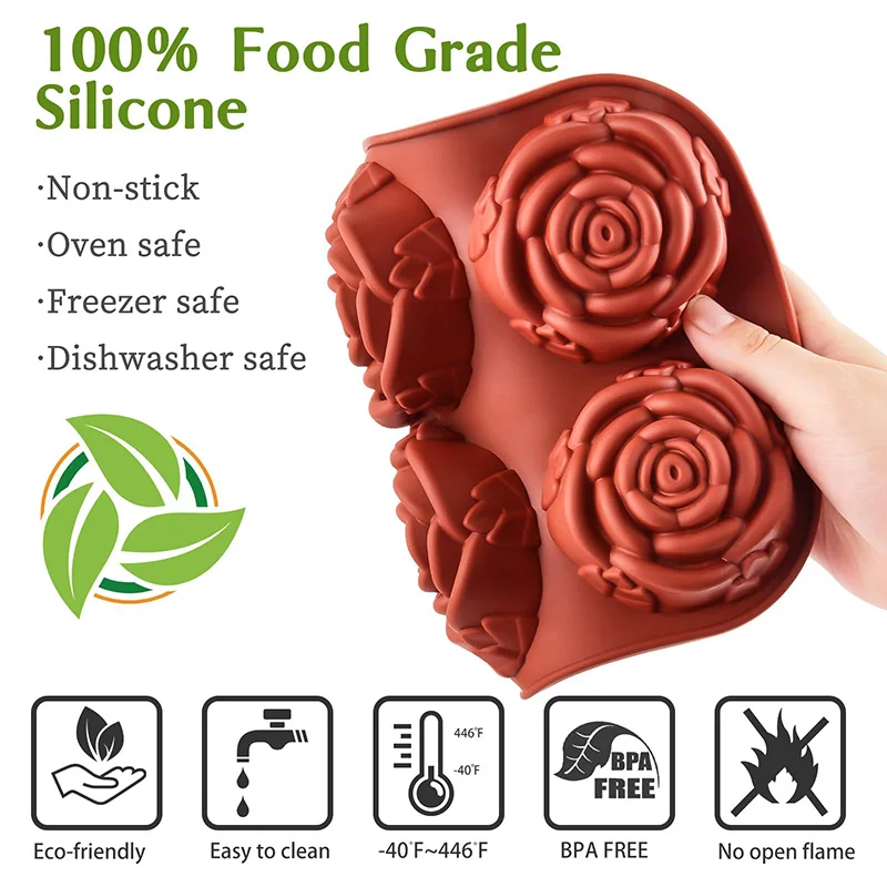 Silicone Flowers Shaped Mold 6-Cavity Non-Stick Silicone Jumbo Rose Mould for Candy Chocolate Cheesecake Jelly Ice Cube – Roses