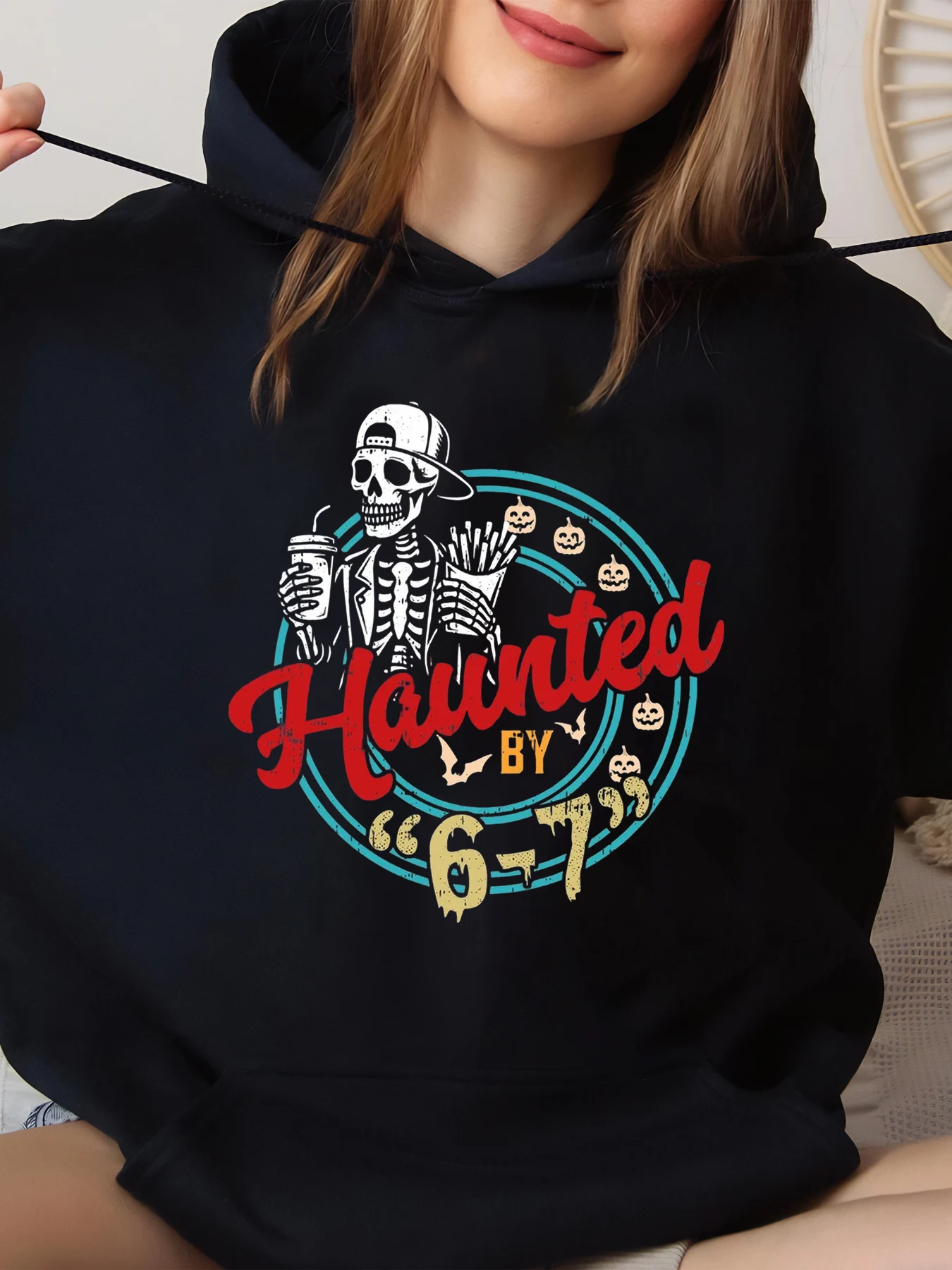 

Skeleton Holding Drink and Fries Haunted by 6-7 Halloween Hoodie for Casual Wear Black Large Size Big Sizes