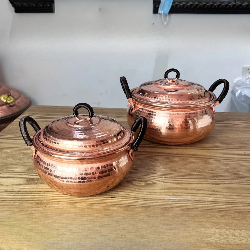 Handmade Mini Double-Handle Copper Soup Pot with Purple Double Coating Induction Cooker Compatible Thickened Smokeless Stew Pot