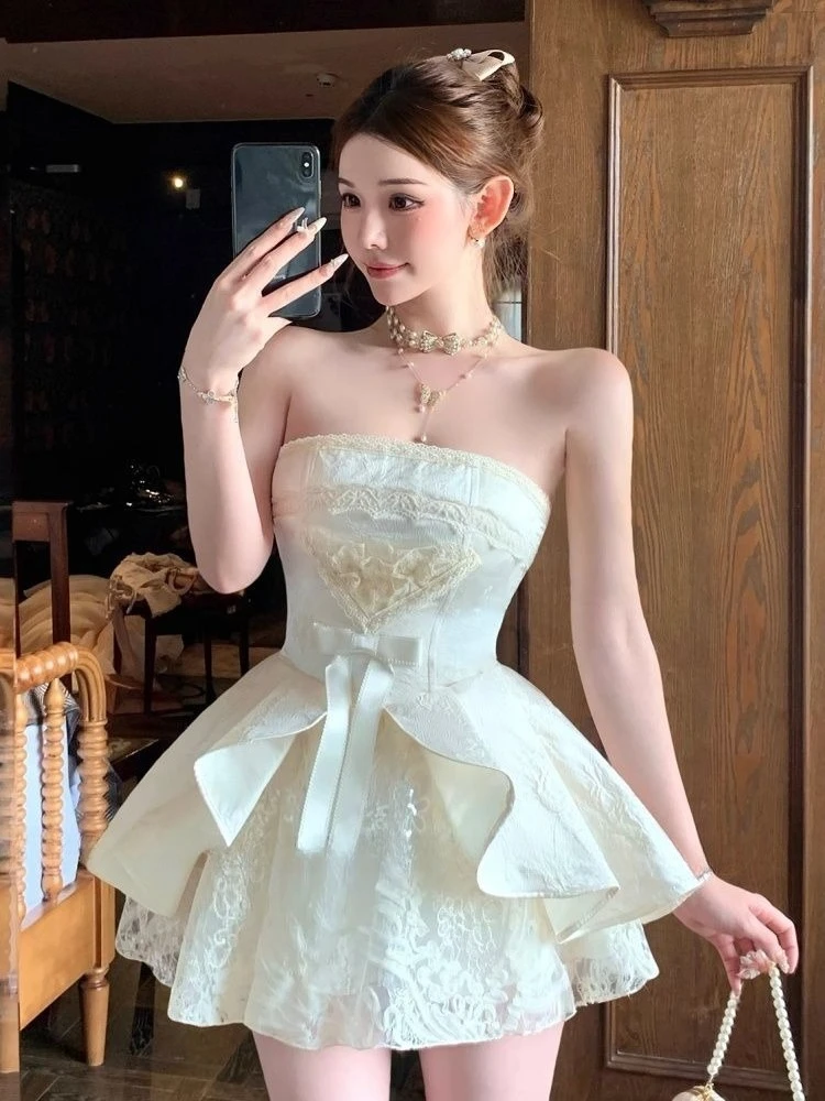 French Sweet Style Elegant Women Dress Vintage Bow Strapless Evening Dress Fashion Female New Sexy Princess Party Outfits Summer