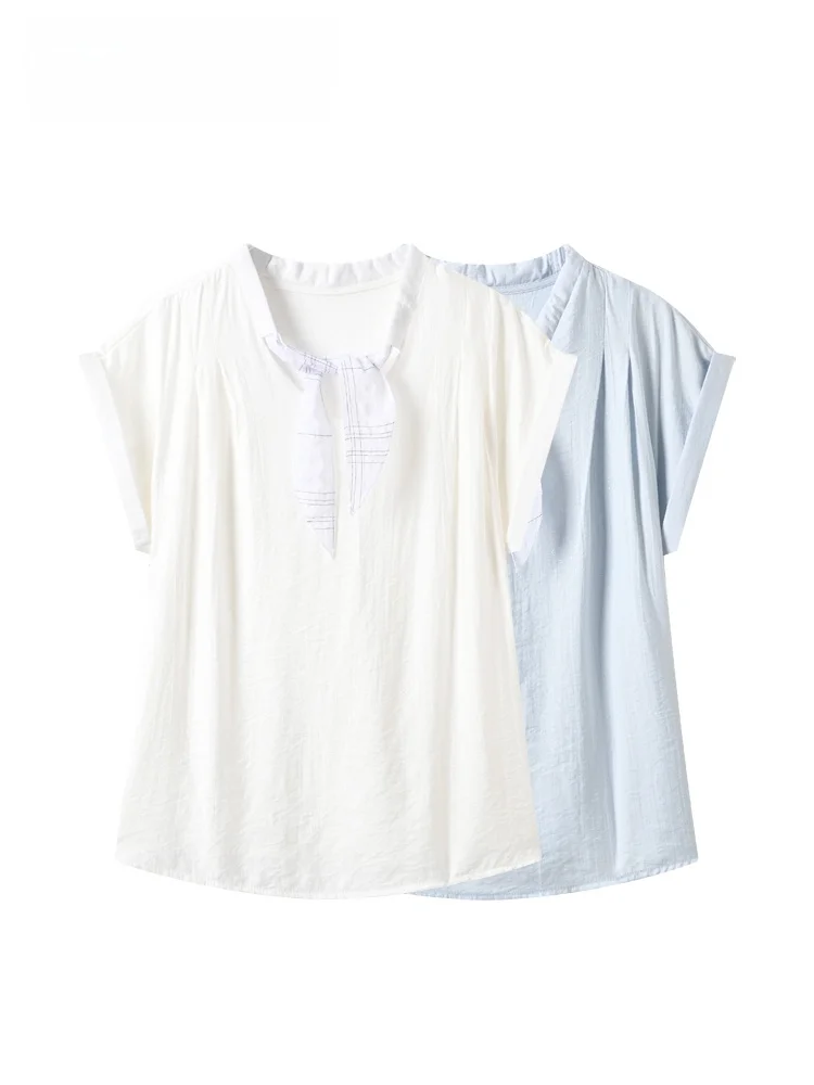 

Loose Women's Summer Shirt Short Sleeve Korean Style Big Size College Style Casual Top for plus Size Girls V-Neck Polyester