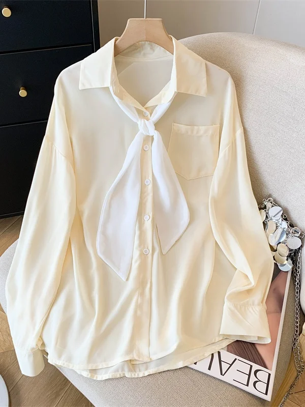 

Женская шифоновая блузка Ele: тонкая, весенняя, универсальная, с длинным рукавом, во французском стиле, свободного кроя, высококачественная базовая модель