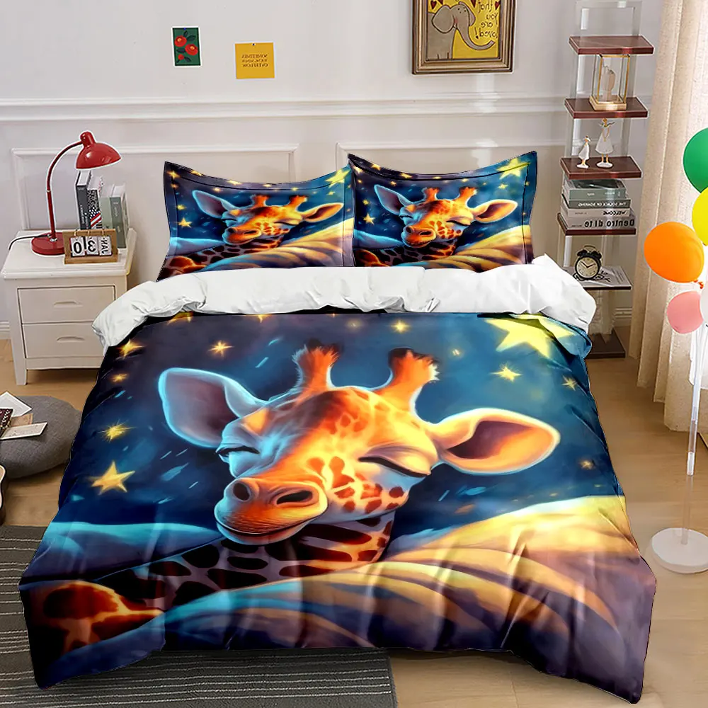 Cute Sleeping Giraffe Starry Night Sky Bedding Set 3pcs, Cartoon Animal Star Soft Kids Duvet Cover,king queen single double,Gift