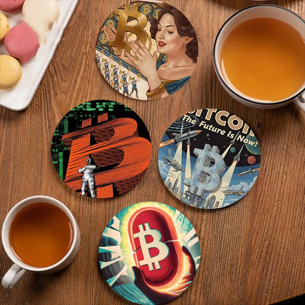 Classic B-Bitcoin Fashion  Themed Wooden Coaster Creative Heat-Resistant Non-Slip Table Mat, Suitable for Protecting Desktop