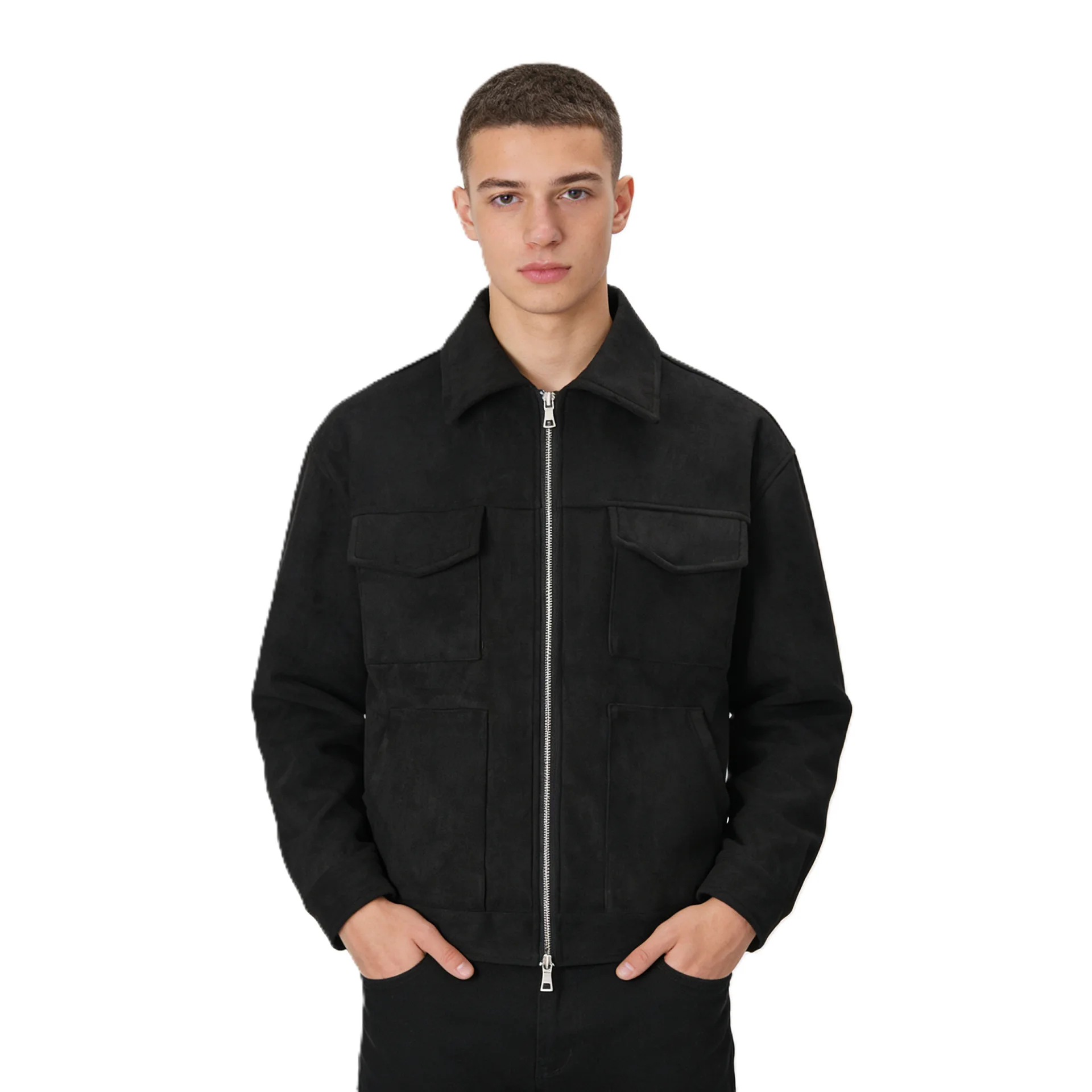 Trucker-Jacke aus Kunstwildleder mit Reißverschluss für Herren, mehrere Pattentaschen, durchgehender Reißverschluss, übergroße Cargo-Jacke, Quiet-Luxury-Vintage-Arbeitsjacke – Detail 10