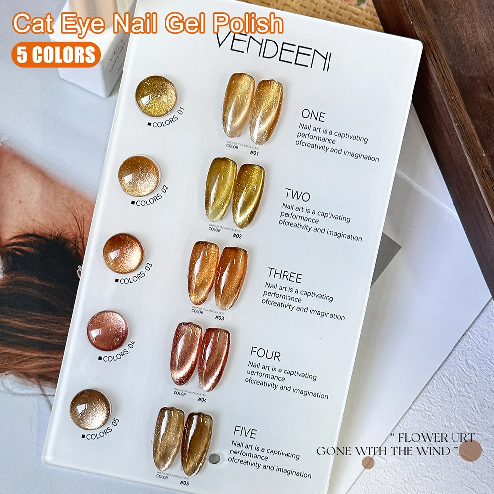 Vendeeni 5 Farben Amber Kristall Katzenaugen-Gel-Nagellack-Set Magnetischer UV-LED-Gel-Lack Goldbrauner Katzenaugen-Gel mit Display – Detail 9