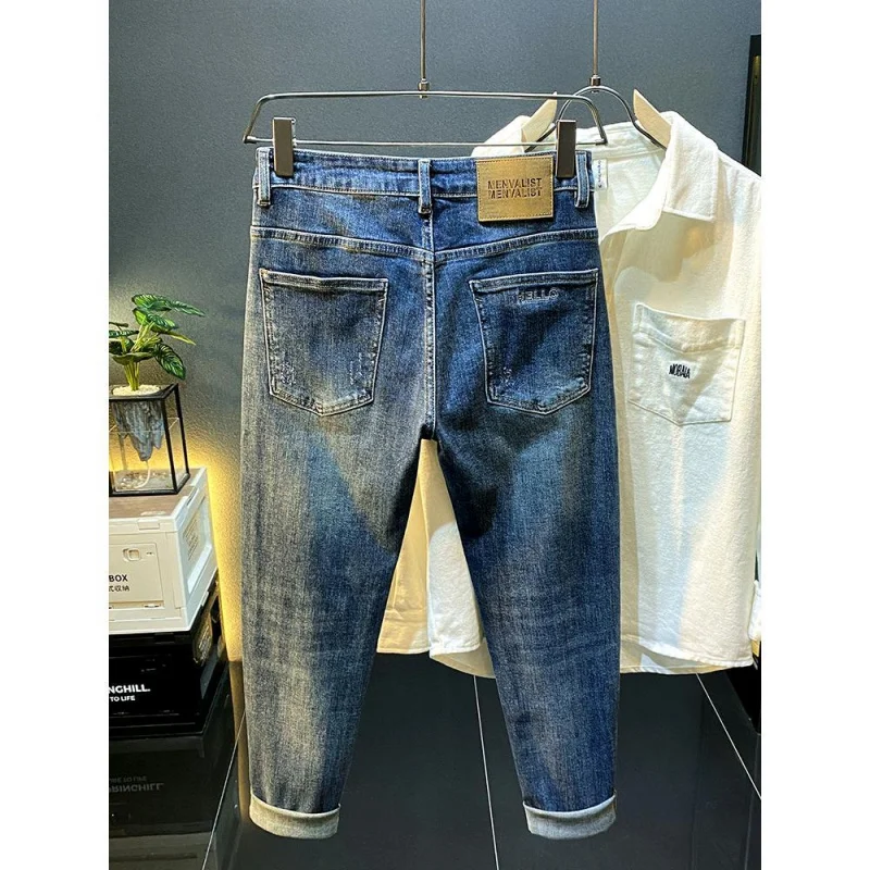 Celana jeans pria, celana denim pelangsing, tambalan tusuk serbaguna, Haren longgar mikro bordir mode trendi pria, jeans baru musim gugur/musim dingin 2024