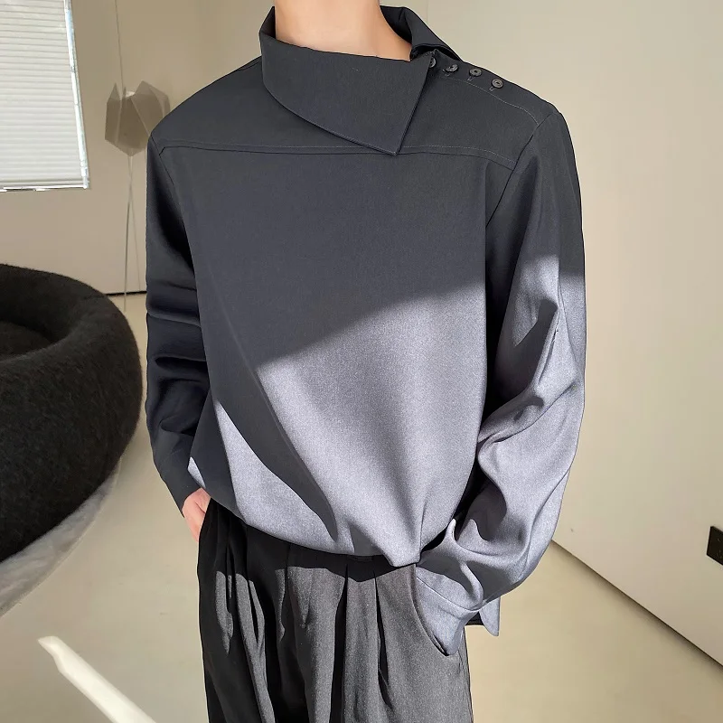 

Мужская рубашка, модные пуловеры с наклонным отложным воротником, мужские социальные рубашки с длинным рукавом, темно-серая, свободная однотонная блузка Homme