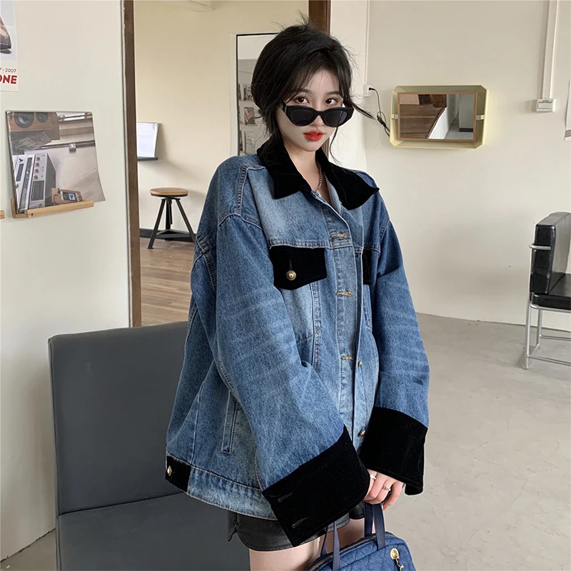 Quá Khổ Áo Denim 2023 Mới Thu Miếng Dán Cường Lực Rời Cổ Áo Khoác Jean Sang Trọng BF Phong Cách Nữ Cao Áo Khoác Ngoài Dạo Phố