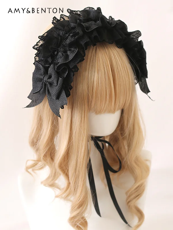 

Lolita Hair Accessories Sweet Cute Ballet Style Bow Lace Ruffle Edge Headband Splicing Color Versatile Kawaii Cosplay Headband