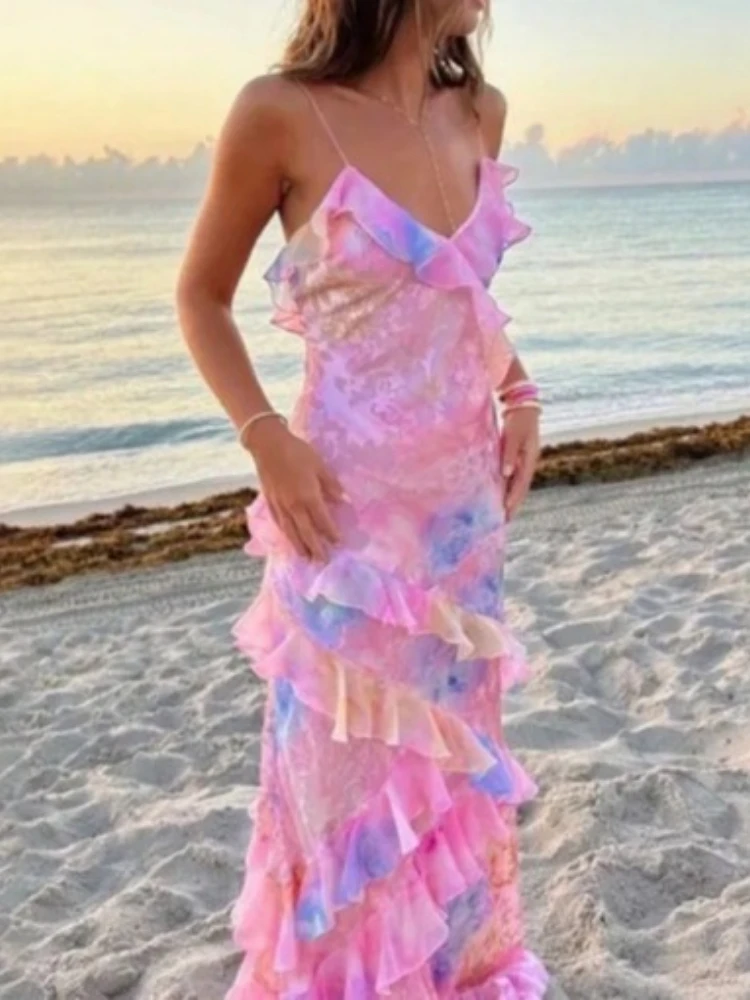 Novo vestido longo feminino com decote em v, babado, slim, moda, sem mangas, estampa floral, suspensório, casual, costas nuas, verão, praia