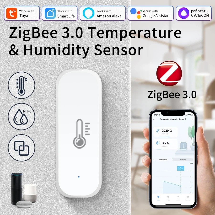 

Датчик температуры и влажности Tuya Zigbee 3.0, удаленный монитор с приложением Smart Life, питание от батареи, работает с Alexa Google Home