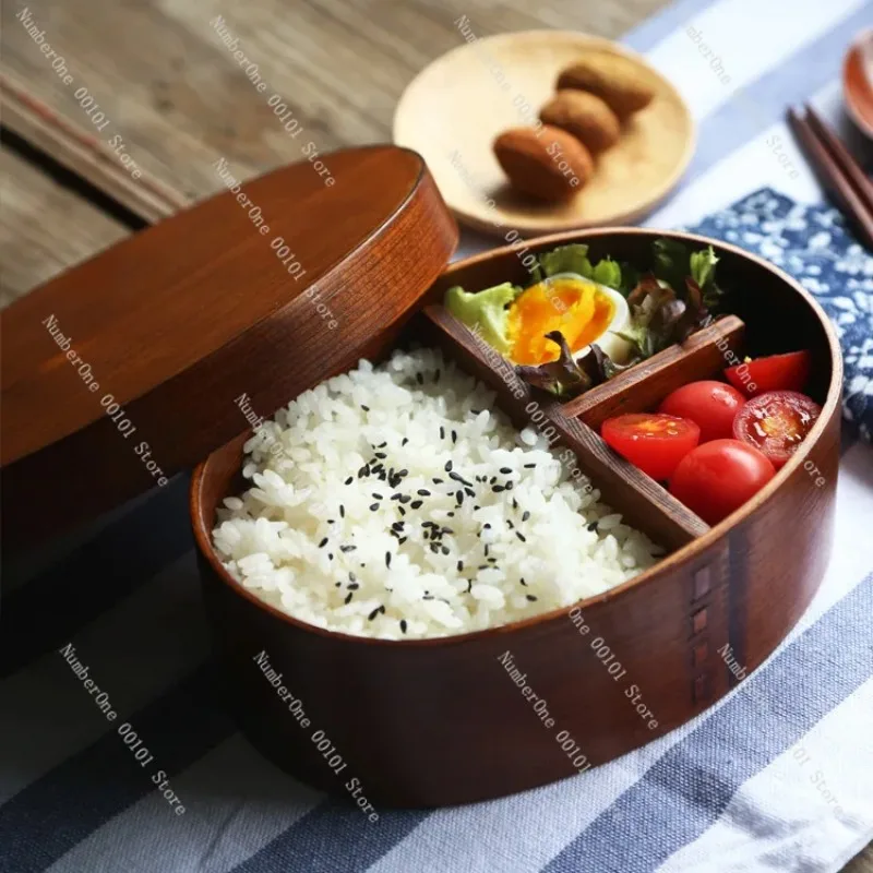 Japanese Style Oval Wooden Bento Box, Natural Brown Sushi Lunch Container for Adults, Simple Creative Tableware