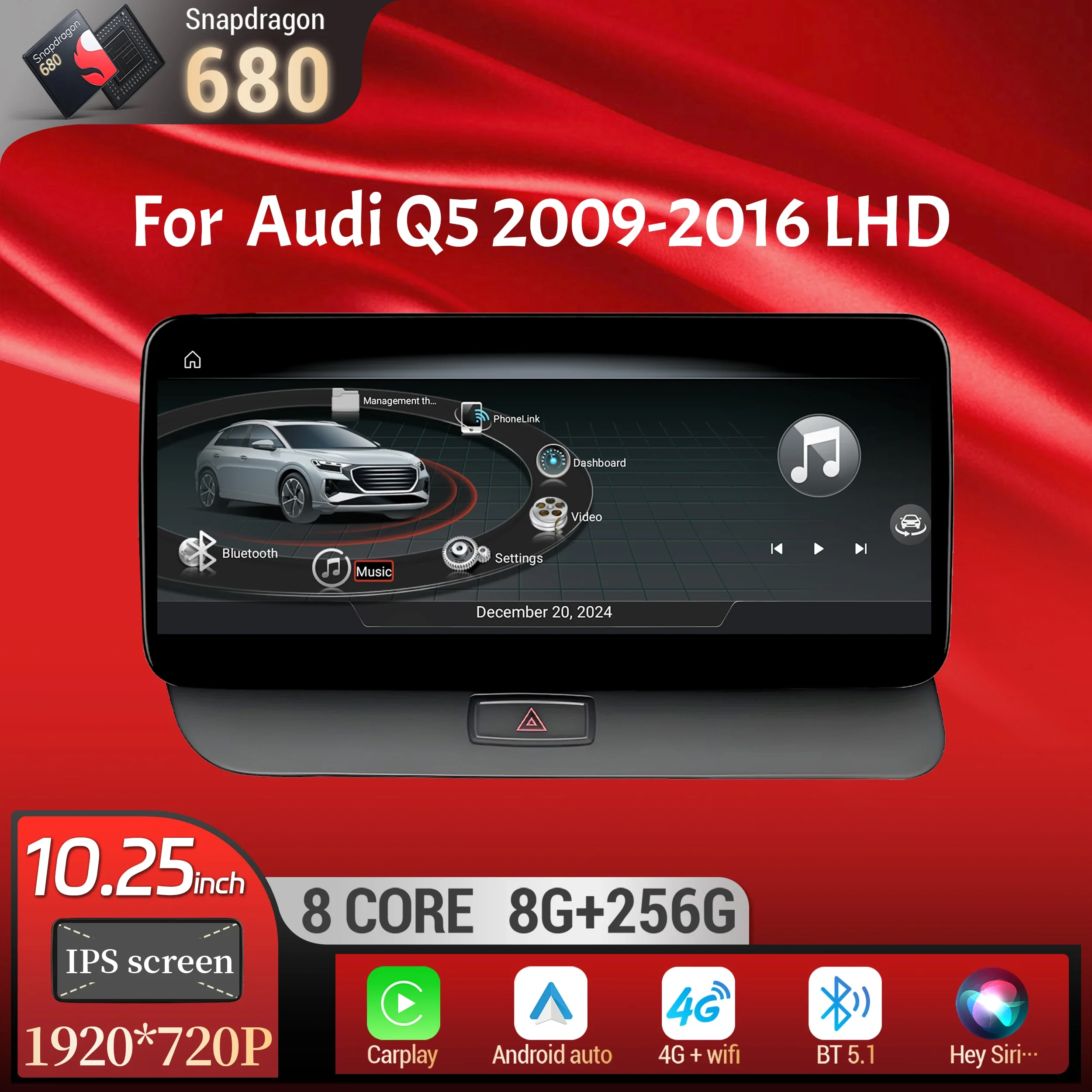 10.25 inch For Audi Q5 2009-2016 Left Hand Drive Android 14 Car Radio Wireless Bluetooth Carplay Qualcomm Snapdragon 680 Screen
