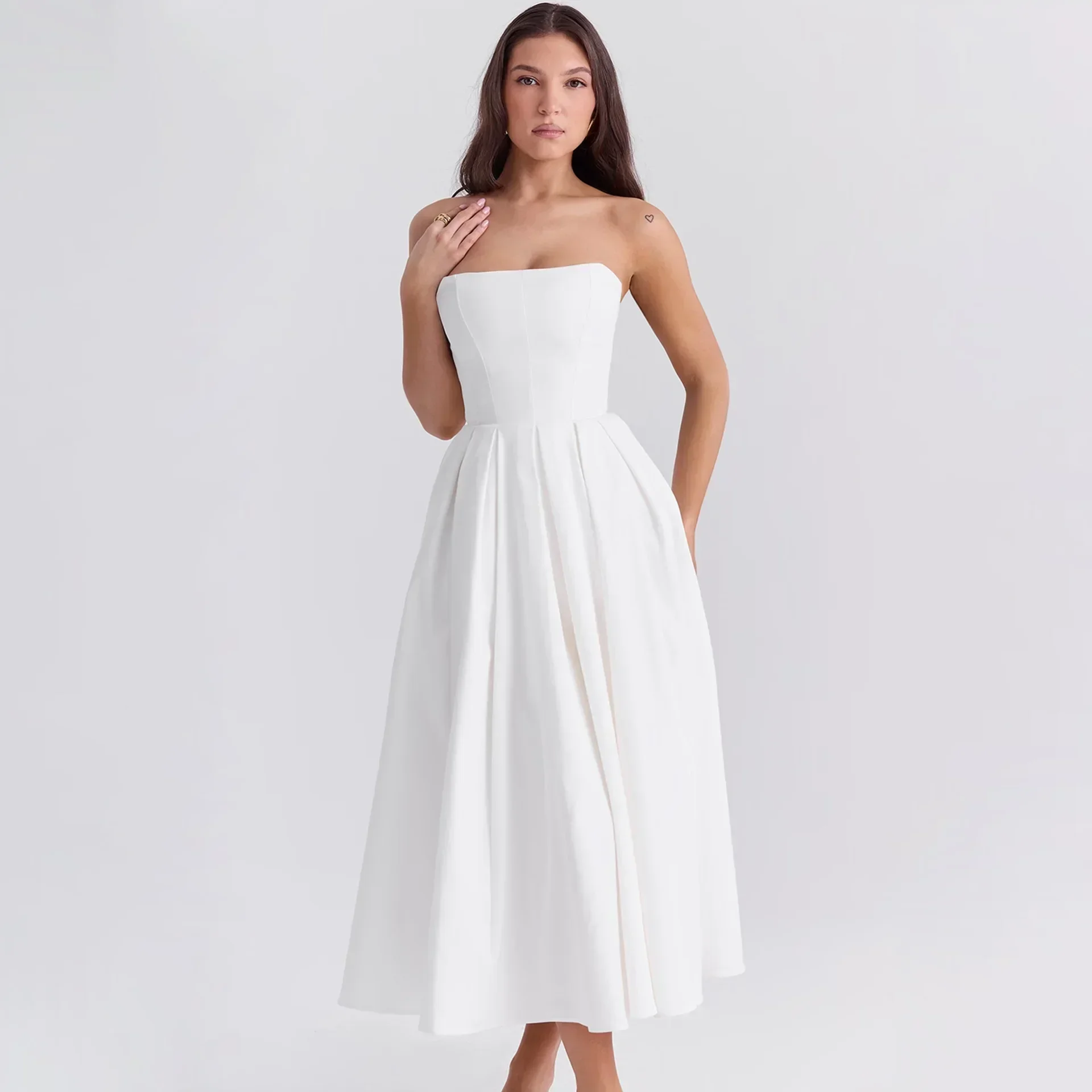 

Sexy Strapless Fishbone Maxi Dress Women's Solid Satin Sleeveless Pleated Slim Mermaid Dresses Summer Female Party Evening Robes