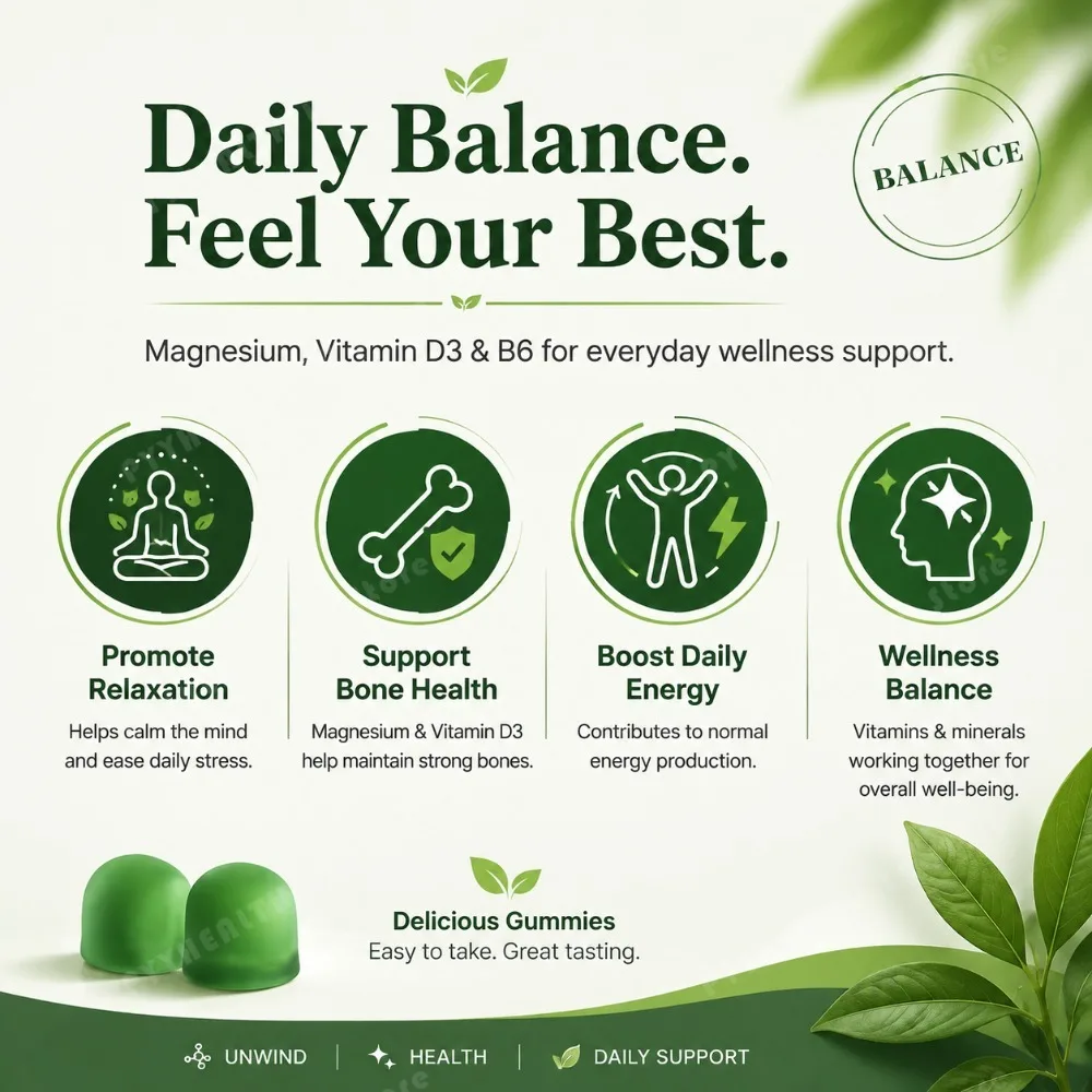 Docteat Magnesium Glycinate Gummies 500mg for Sleep & Stress Relief, Bone Health with Vitamin D3, Calcium Citrate & B6, 60 Count