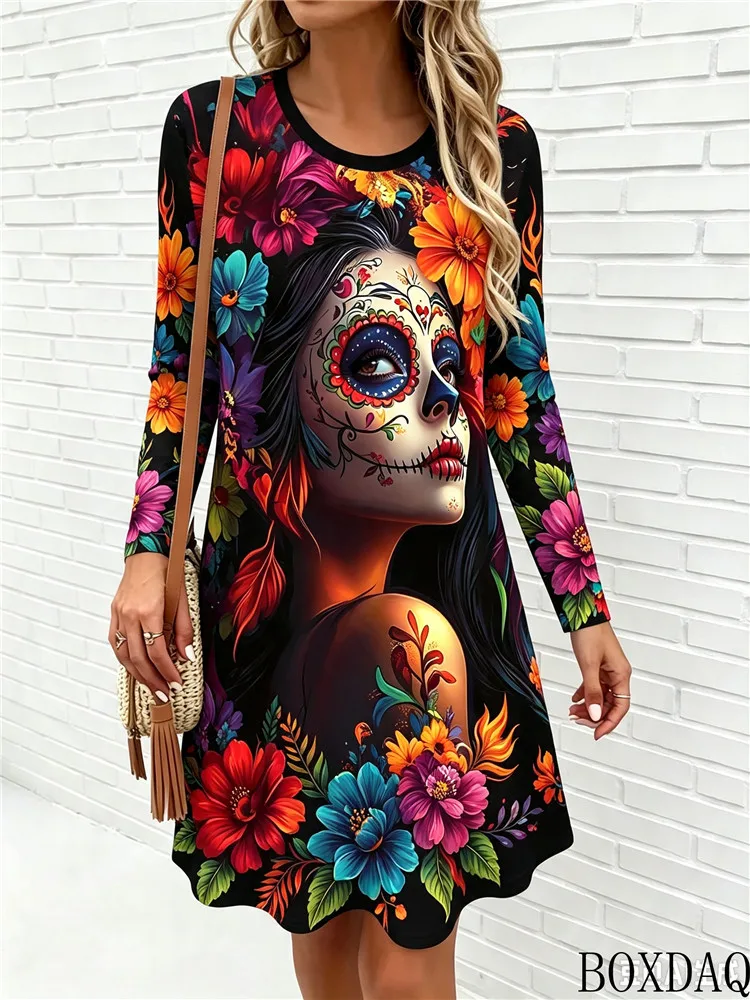 Autumn New Women's Gothic Dresses Casual Long Sleeved Round Neck Halloween Skull Face Pattern Printed Loose Dress