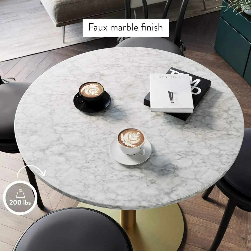 Mały stół kuchenny lub jadalny Bistro Lucy w stylu mid-century modern z blatem z imitacji marmuru Carrara i podstawą z szczotkowanego metalu, czarny