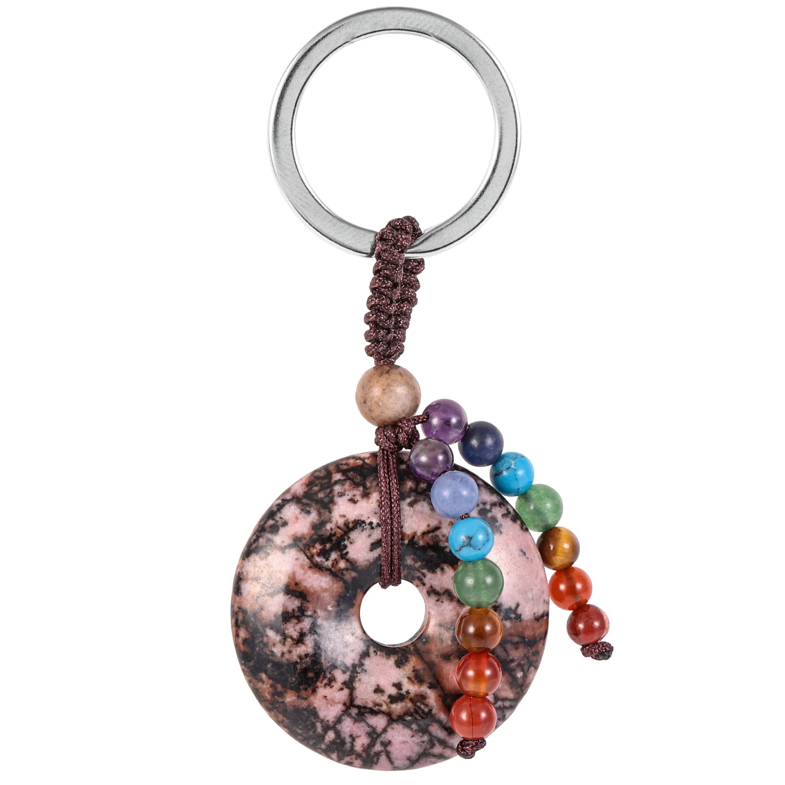 Natural Crystal Donut Keychain Healing 7 Chakra Round Stone Beads Lucky Coin Key Rings Lanyard For Car Key Wallet Backpack