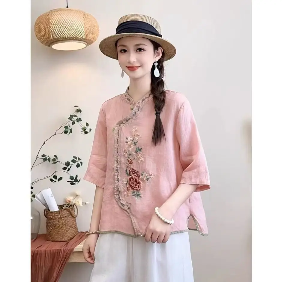 

Loose Cotton Linen Embroidered Shirt Outerwear New Chinese Style Women's Spring Summer Fashionable Artistic Commute Style Shirt