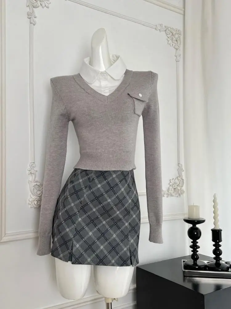 

Autumn Winter Fashion Women Grey Patchwork Button Long Sleeved Knitted Tops And High Waist Plaid Short Skirt Two Pieces Set Chic