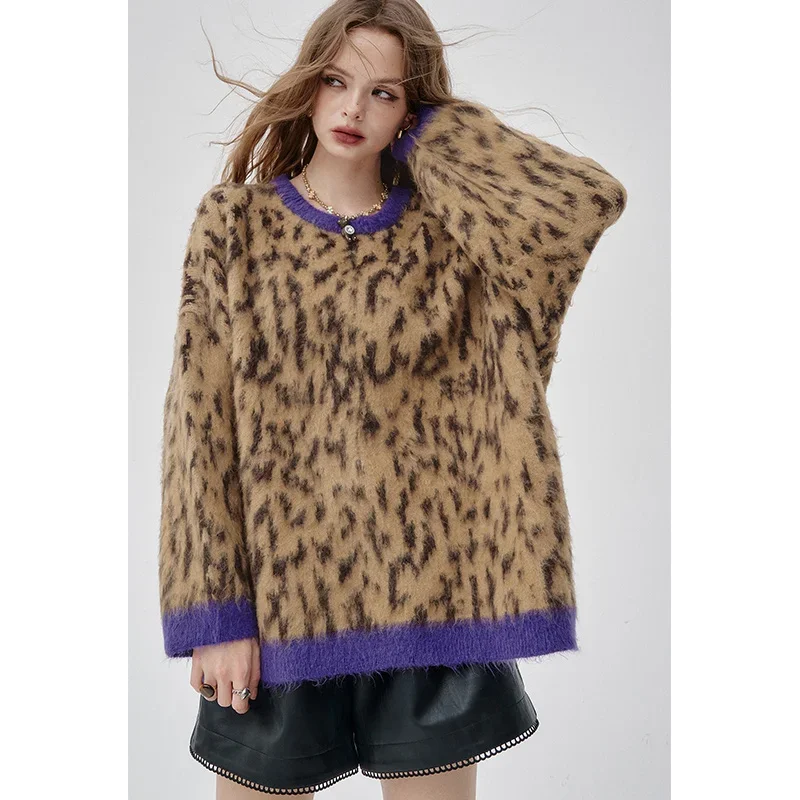 ELFSACK  Winter Loose Leopard print Oversized Crew neck Knit Sweater For Woman