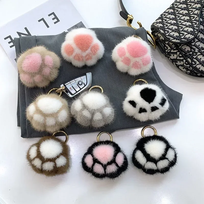 Women Cute Cat Claw Faux Fur Key Chain Charm Fashion Plush Bear Paw Car Keychain Bag Pendant Party Gift Jewelry