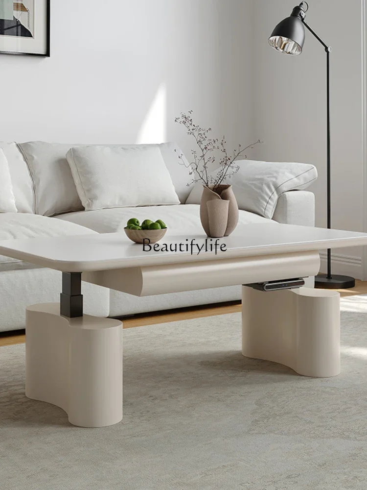 Electric lifting coffee table rock slab can be heated by fire, multi-functional dining table is integrated and dual-purpose