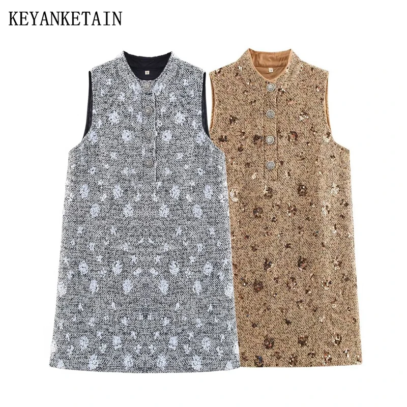 

KEYANKETIAN 2025 New Sequined Tweed Texture Sleeveless Mini Dress Retro style Stand collar Women's Pullover A Line Dresses