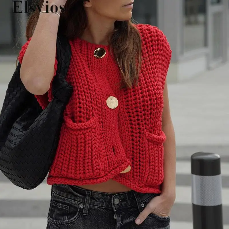 

Casual Sleeveless Button Outwears Hot Girls Solid Warm Knitted Vest Coat Jacket 2024 Women Elegant V-neck Crochet Slim Sweater