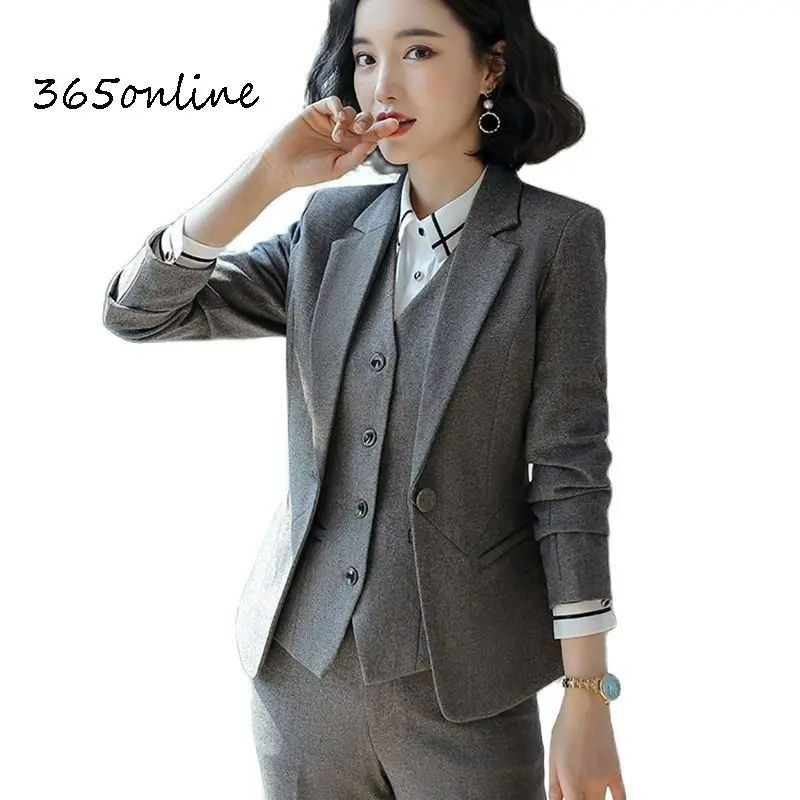 Formal Uniform Designs Pantsuits for Women Business Work Wear Suits Autumn Winter Professional Ladies Office Blazers Sets Gray