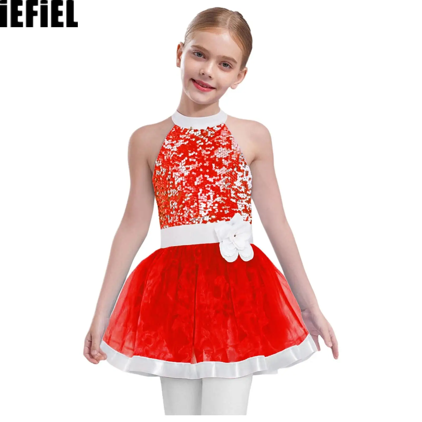 

Kids Girls Shiny Sequins Dress Layered Tulle Ballet Dance Dresses Sleeveless Cutout Back Tutu Dress with Built-in Briefs