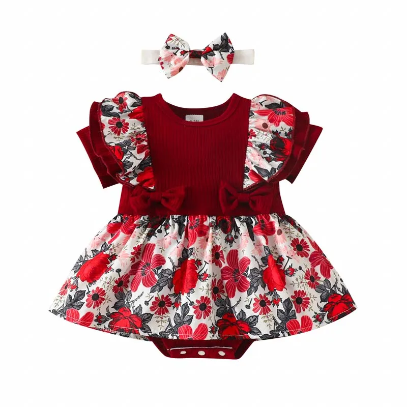 

0-18Months Baby Girl Romper Skirt Jumpsuit Short Sleeve Ruffled Printing Bodysuit Flower Skirt's Hemline with Hairband 2Pcs Sets