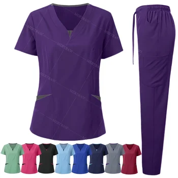 Esfoliante topos + calça uniforme médico cirurgia esfrega camisa de manga curta pet shop médico enfermeira conjunto uniforme de enfermagem feminino workwear