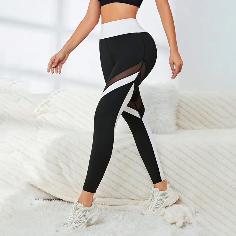 Mesh Colorblocked Yoga-Hose mit hoher Taille, Leggings für Damen, Bauchkontrolle, Workout-Leggings für Damen