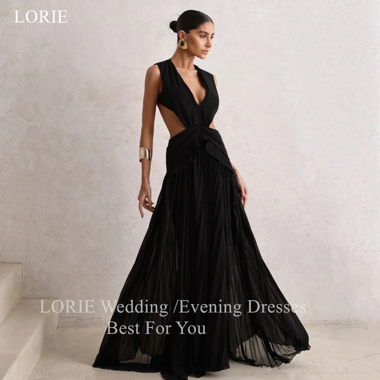 

LORIE Chic Black Chiffon Evening Dresses Sexy Sleeveless Blackless Draped Party Dress Pleat A-Line Prom Gowns Customized