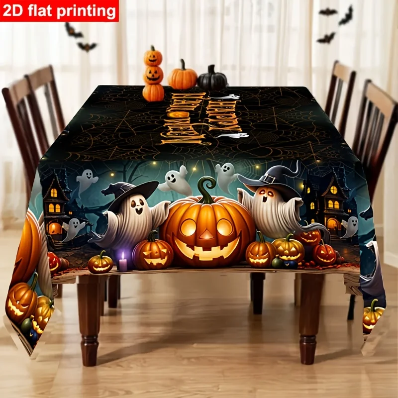 1 PC 2D flat-print Halloween pumpkin ghost tablecloth, spider web haunted house witch hat dark rectangular tablecloth.PMJ