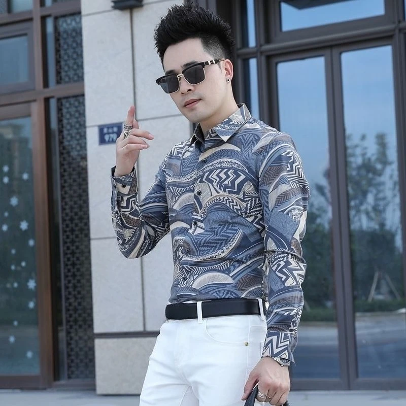 Men's Slim Fit Long Sleeve Printed Shirt Trendy Casual Top for Young Men 2026 Spring Autumn Fashion Clothing