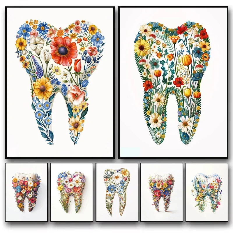 Colorful Flowers Tooth Drawing Posters and Prints Canvas Printing Modern Wall Art Picture for Dental Clinic Home Room Decorat