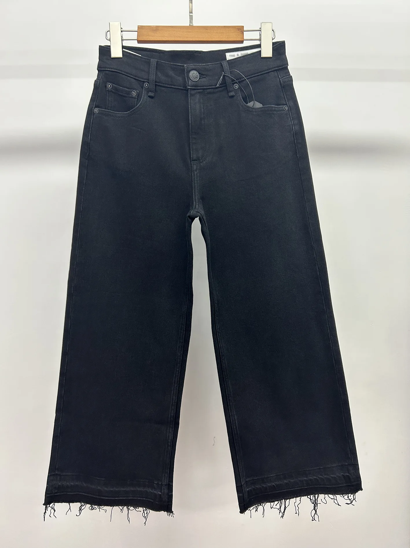 Women Elastic high waisted denim pants plush thick wide leg cropped jeans
