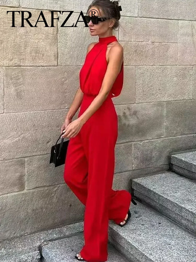 TRAFZA Fashion Women Chic Casual Red High Waist Wide Leg Jumpsuit Female Elegant Hanging Neck Sleeveless Slim Holiday Playsuit